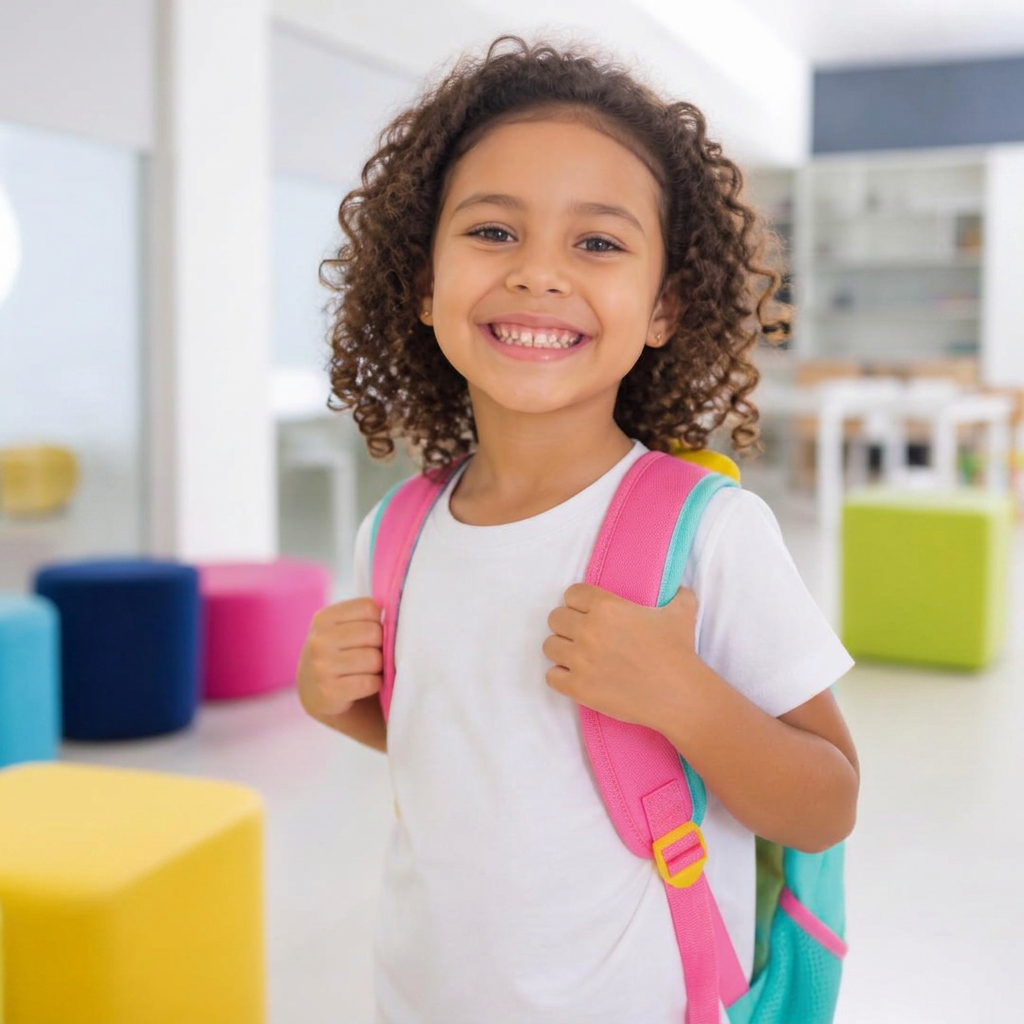 Criança sorrindo com mochila colorida em ambiente escolar